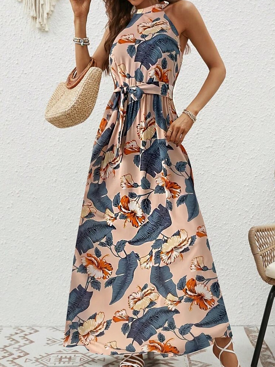 Dam Maxiklänning A linjeklänning Off Shoulder Klänning Semester Ledigt Boho Utomhus Utekväll Normal Grafisk Paisley Ärmlös Halterneck Blå Purpur Brun Aprikos Sommar 2025 - $29.99 –P16