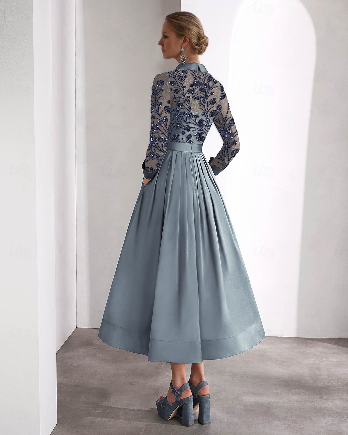 Blue Green Embroidered A-Line Cocktail Dresses Elegant Formal Wedding Guest Ankle Length Long Sleeve Shirt Collar Satin with Glitter Slit 2025 2025 - $172.99 –P2