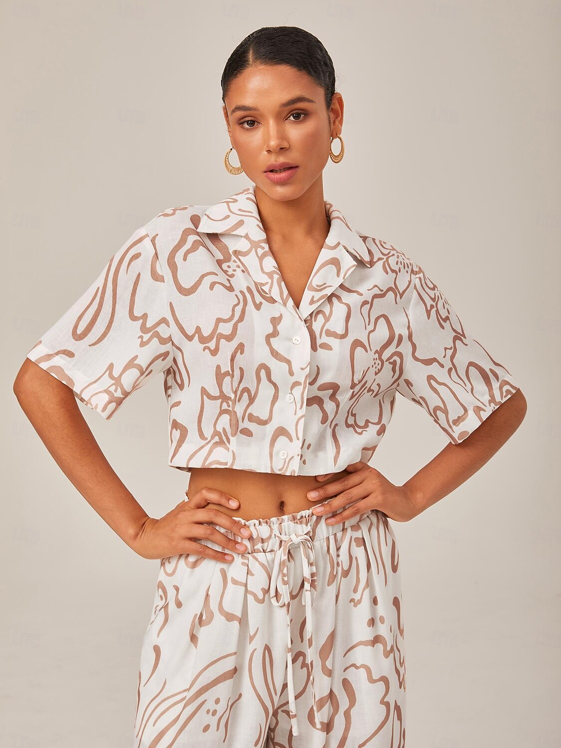 Artistic Print Elastic Tie Waist & Linen-Like Fabric Wide-Leg Pants 2025 - $69.99 –P5