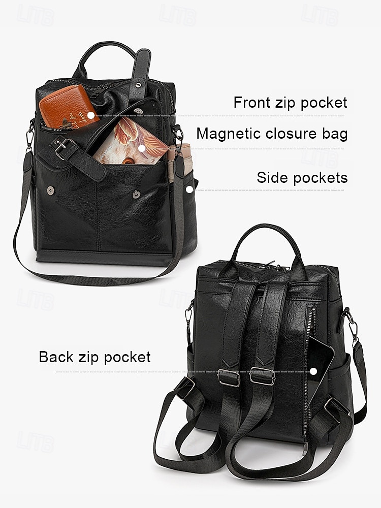 2025年 女性用のブラウンのフェイクレザーバックパック。調節可能なストラップ、ジッパー開閉、複数のポケットを備えたスタイリッシュな旅行用・普段使い用バックパック。仕事、学校、カジュアルな外出に最適です。  コレクション – $34.99 –P8