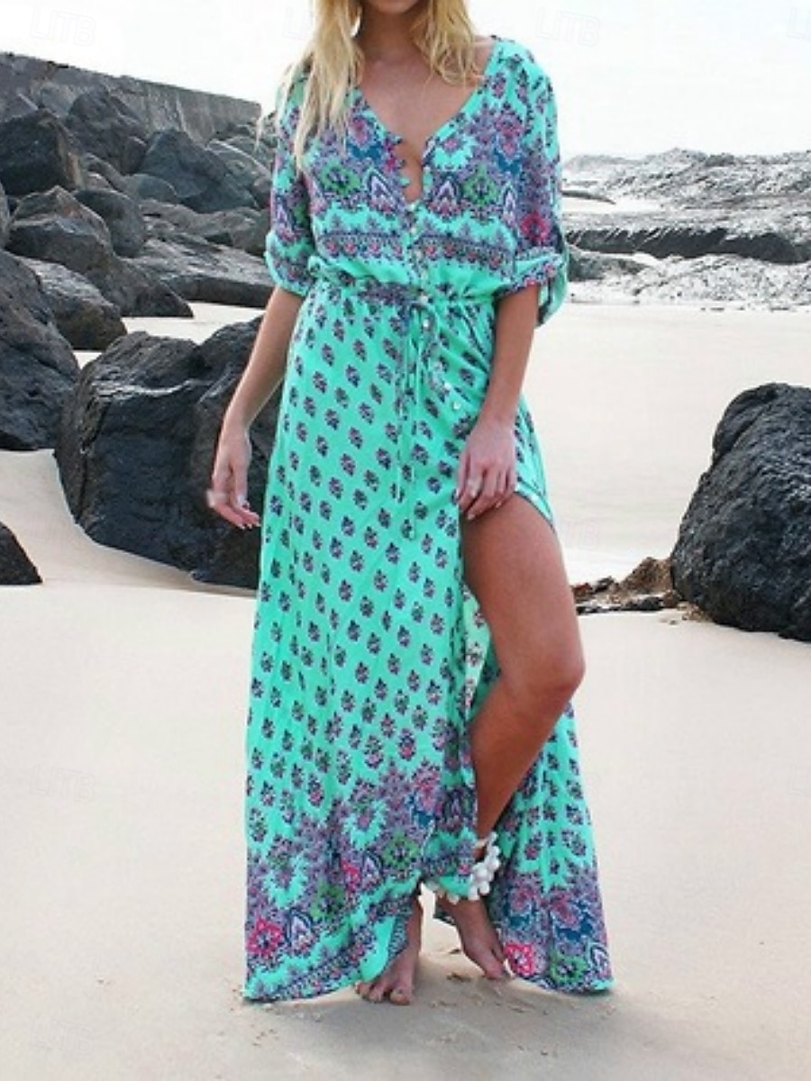 Women's Maxi Dress A Line Dress Casual Party Beach Regular Fit Graphic 3/4 Length Sleeve V Neck Pink Blue Green Summer Spring 2025 - $24.99 –P2