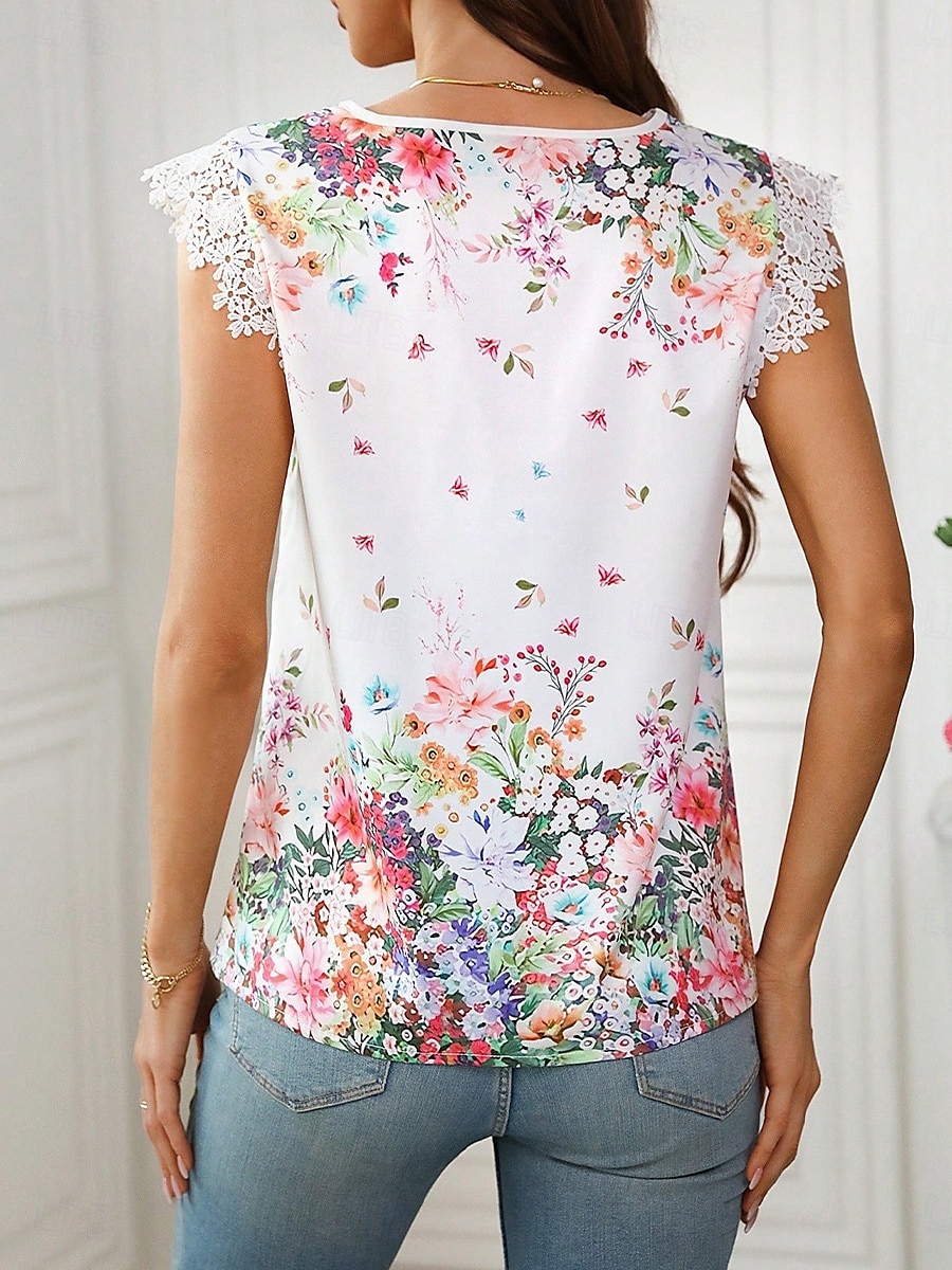 Per donna Canotta a canotta Floreale Grafico Quotidiano Casual Senza Maniche Scollo a V Top Regolari Quotidiano Pizzo Patchwork Stampato Bianco Estate del 2025 a $15.99 –P2