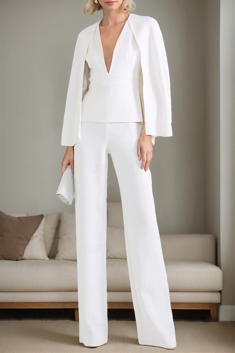zweiteiliger Overall/Hosenanzug, Kleid für die Brautmutter, elegant, minimalistisch, lässig, tiefer Ausschnitt, bodenlang, Polyester, lange Ärmel, mit Jacke und Schlitz, 2025 2025 - $149.99 –P1