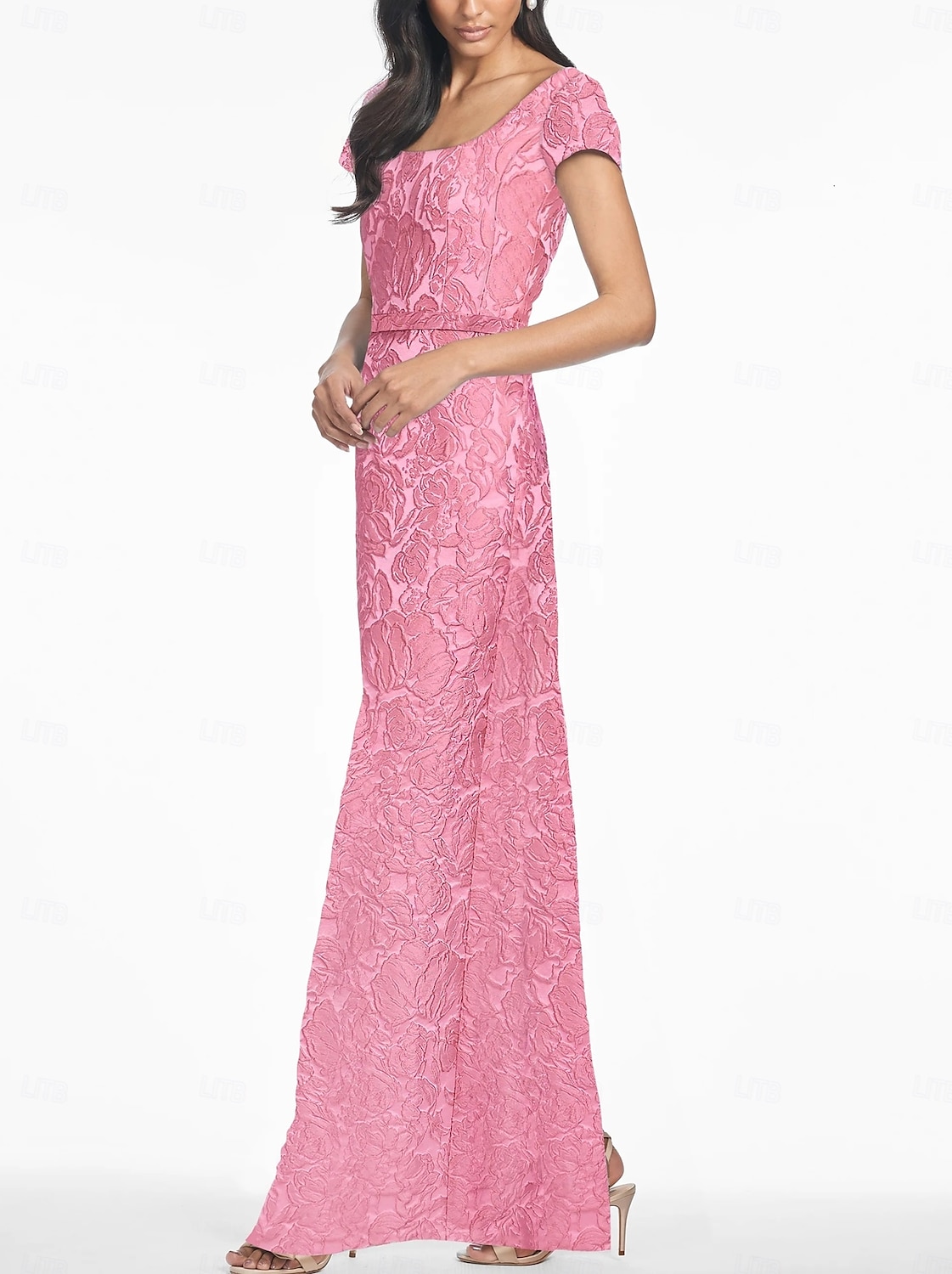 Pink Jacquard Floral Column Evening Gown Elegant Dress Formal Wedding Ankle Length Short Sleeve V Neck Nylon with Floral Print Slit Pocket Wedding Guest Dress 2025 - $136.99 –P3