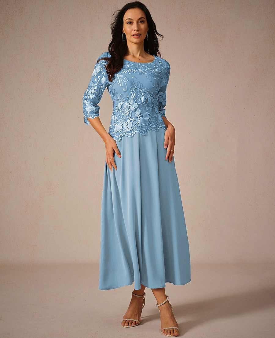 Dames Maxi-jurk A lijn jurk Elegant Formeel Formeel Bruiloft gast Normale pasvorm Effen 3/4 mouw Strakke ronde hals Licht Blauw Zomer Lente Herfst 2025 - $51.99 –P1