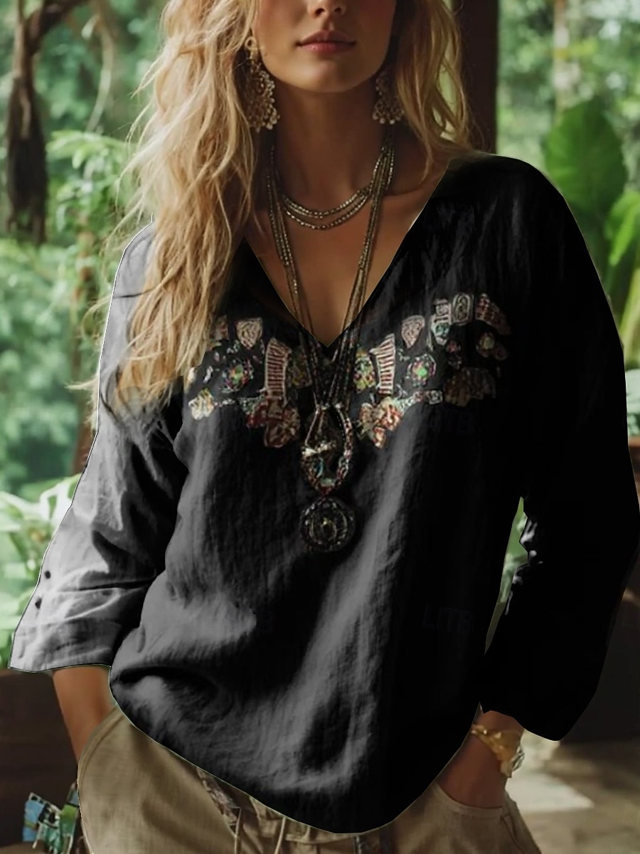Bluzka damska boho kwiatowa grafika paisley bohemia vintage tropikalna 3/4 długości rękaw dekolt w serek reguralne topy czarny biały czerwony zielony lato wiosna 2026 - $29.99 –P3