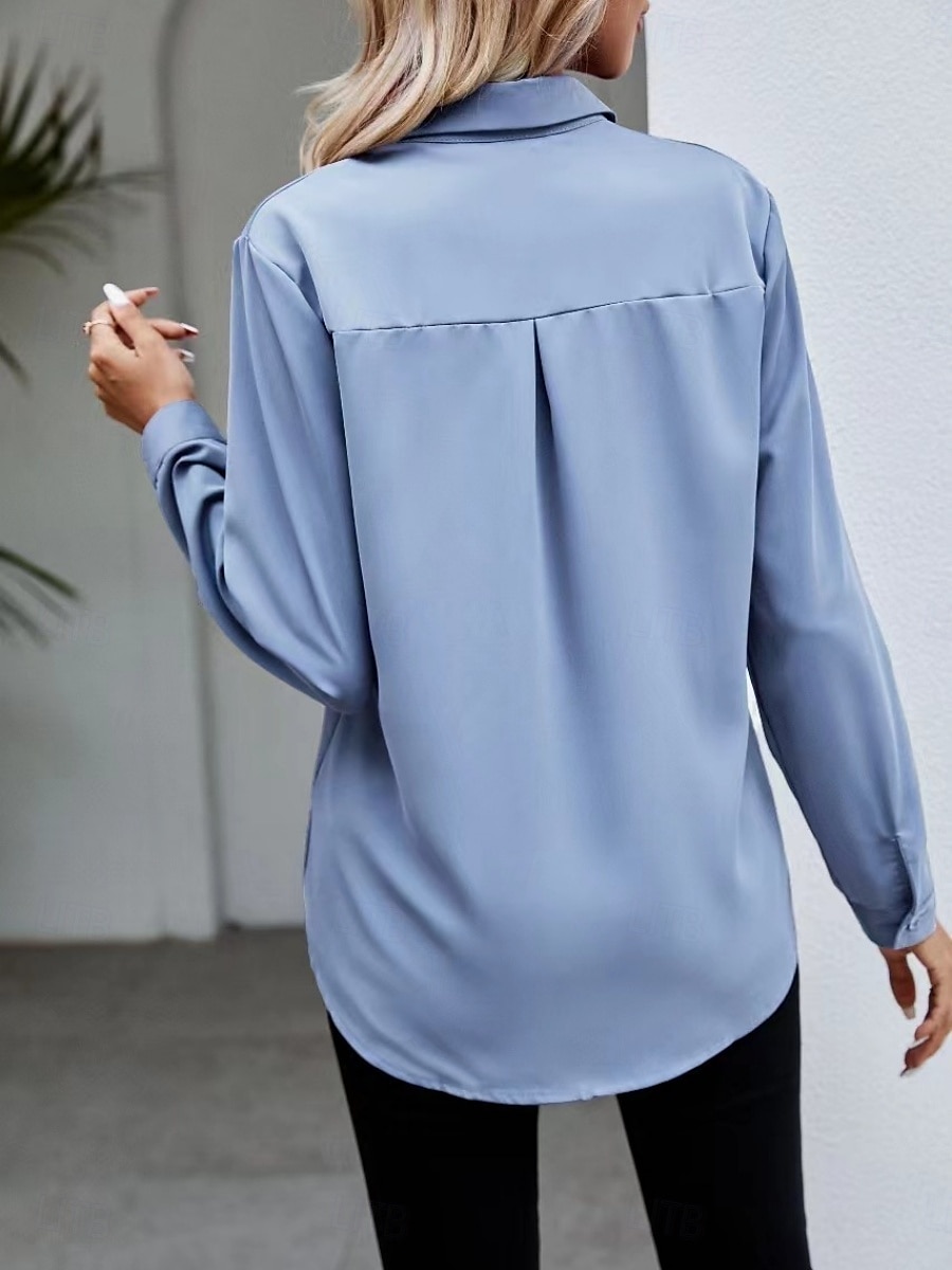 Camicia da Donna Blusa Button Down Colore Pieno Elegante Casual Manica Lunga Camicia Button Down Blusa Colletto Regular Tops Giornaliera Bottoni Nero Bianco Vino Blu Cielo Estate Primavera del 2025 a $19.99 –P3