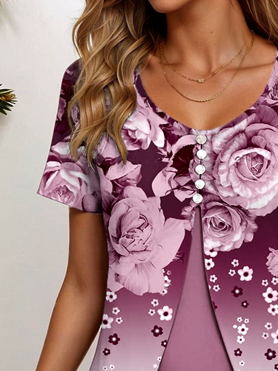 Damen T Shirt Ombre Blumen Grafik Elegant Vintage Stilvoll Kurzarm Rundhalsausschnitt Rundhals Normale Oberteile Täglich Ausgehen Patchwork Knöpfe Gestuft Staubiges Blau Fuchsie Sommer Frühling 2025 - $23.99 –P2