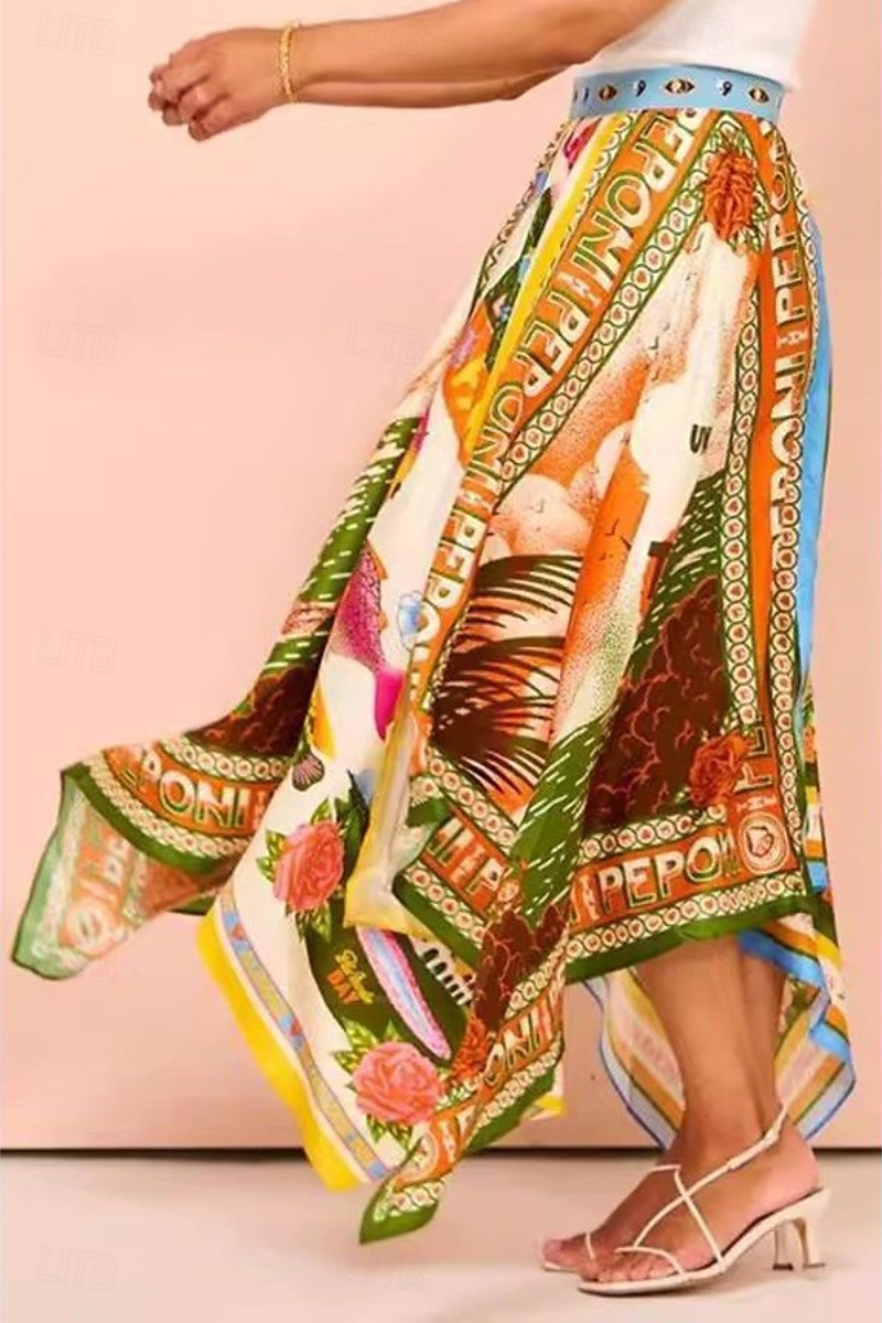 Damen Rock Lässig Boho Maxi Mittlere Hüfthöhe Röcke Blumen Druck Asymmetrischer Saum Mikroelastisch Straße Ausgehen Grün Sommer Polyester 2025 - $22.99 –P7
