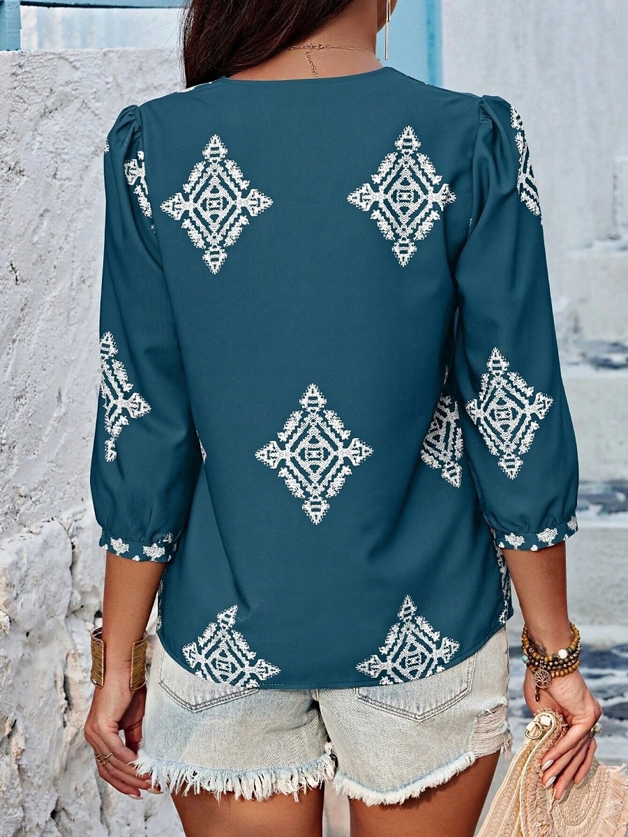 Mulheres Blusa Geométrica Boêmia Casual Manga 3/4 Manga Princesa Decote V Tops regulares Diário Imprimir Rosa Azul Marinha Roxo Verde Verão Primavera de 2025 por $22.99 –P10