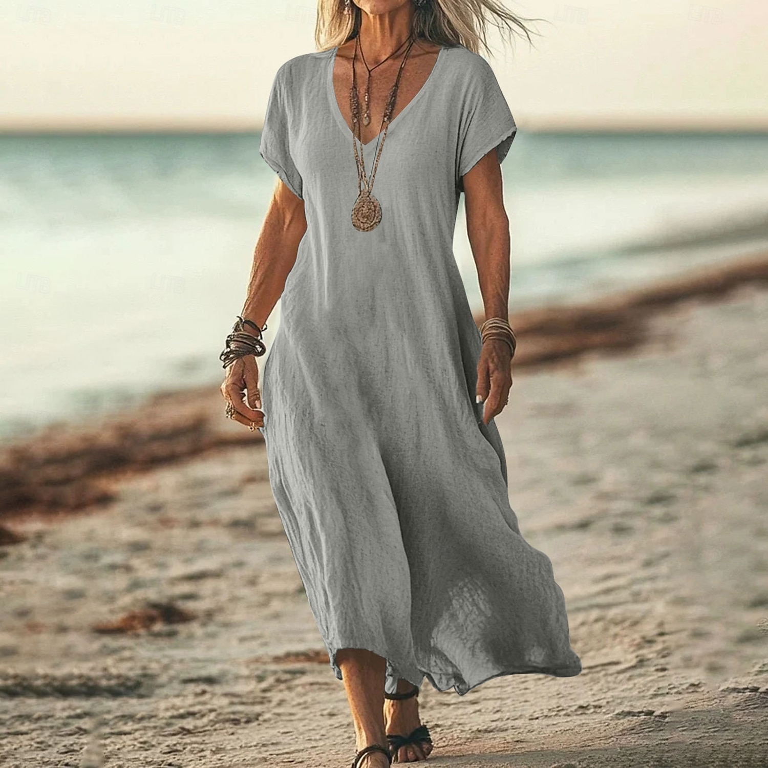 Robe midi féminine robe d'été décontractée quotidienne vacances plage ajustement régulier lin-like unie à manches courtes col en V blanc rose bleu vert été de 2025 ? $26.99 –P2