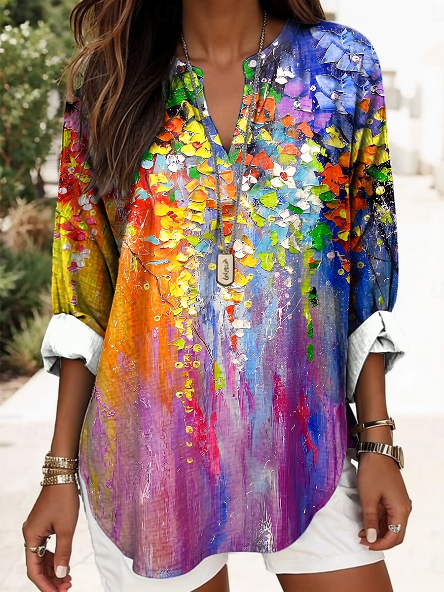 Kvinnors Boho Blus Blommig Grafisk Abstrakt Elegant Daglig Lång Ärmar V-Hals Regular Toppar Dagligt Tryck Röd Blå Lila Grön Sommer Vår 2025 - $24.99 –P4