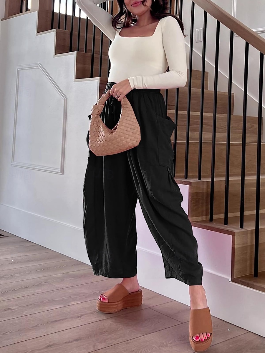Pantalones baggy de chinos de pierna ancha para mujer Básicos Casual Largos Cintura alta Sencillos Con bolsillo Cinturilla elástica Cómodos Suaves Confortables Micro-elástico Exterior Calle Diaria 2025 - $26.99 –P13