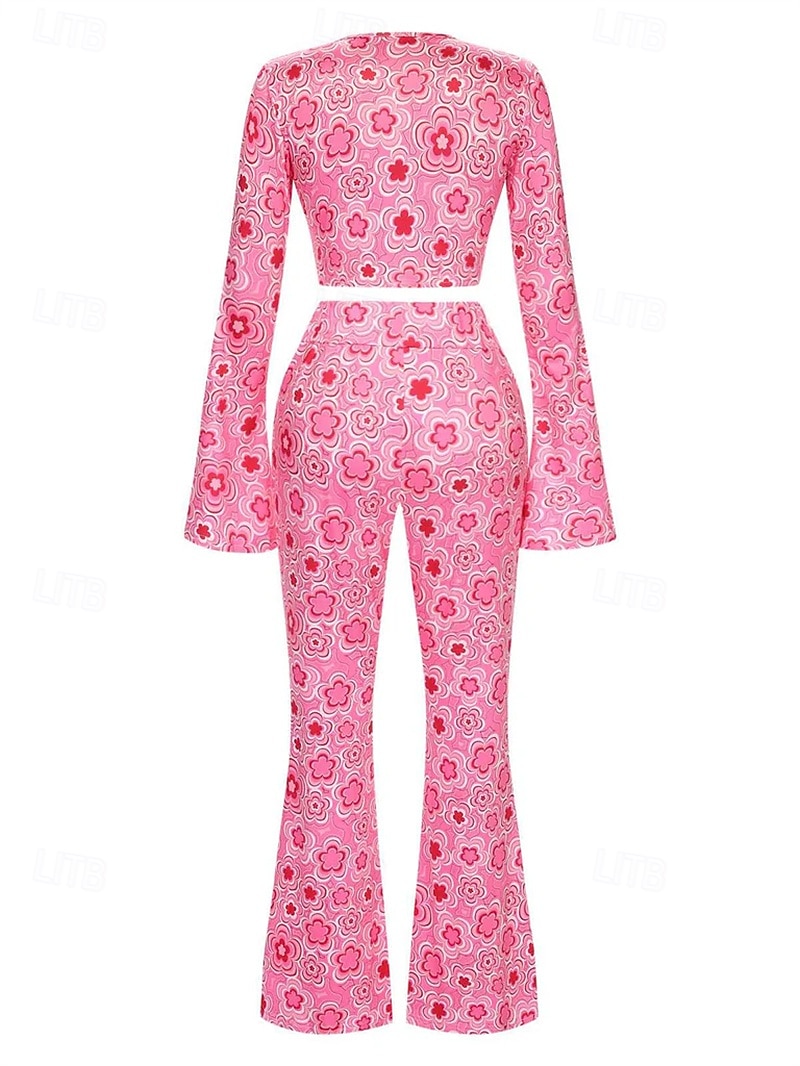 Retro / vintage 1970 luku Asut Lyhyt toppi Bell Bottom Housut Hippi Rusetti Kukka Naisten Halloween Karnevaali Naamiaiset Juhla Arki-asut Aikuisten Toppi Housut Kevät kesä 2025 - $29.99 –P4