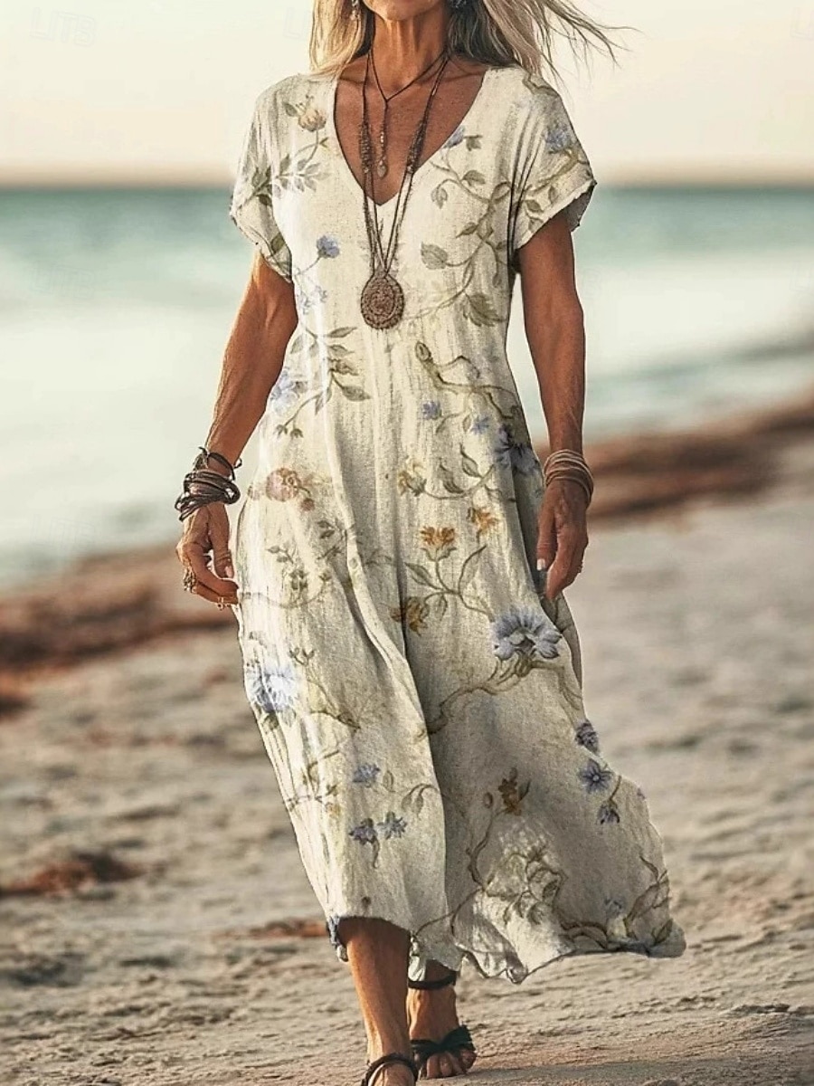 Femmes Robe Longue Maxi Robe Robe Décontractée Robe d'été Robe bohème africain Vacances Quotidien Week-end Coupe régulière Fleuri Manche Courte Col en V Vert Claire Violet Vert Abricot Été de 2025 ? $22.99 –P4