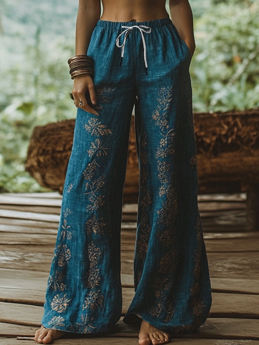 Women's Wide Leg Chinos Baggy Pants Vacation Vintage Ethnic Style Full Length High Waist Floral Graphic Printing Thermal Warm Breathable Soft Micro-elastic Vacation Street Causal Sky Blue And White 2025 - $24.99 –P1