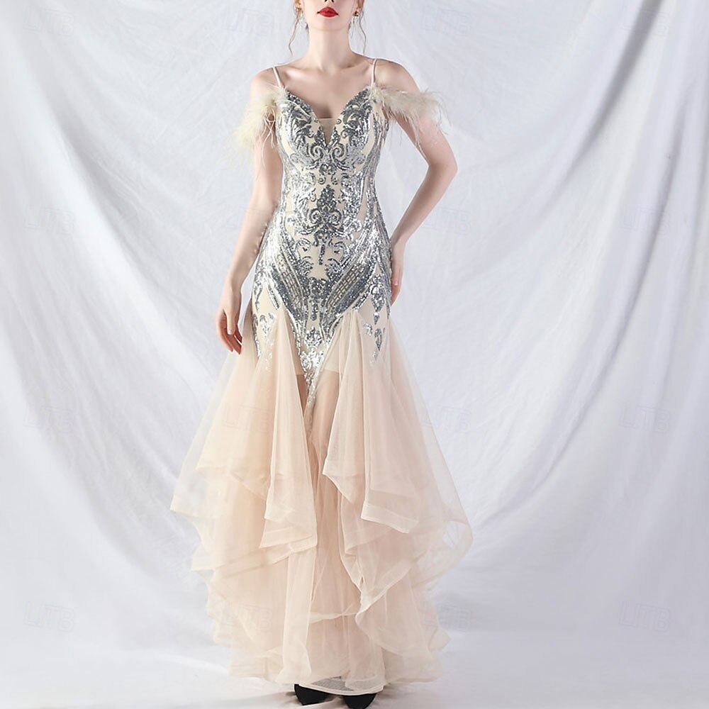 Abiti Quinceanera Mermaidi  Trumpet in Paillettes Elegante Abito Formale Semi Formale Matrimonio Lunghezza P_avimento Senza Maniche Scollo a V Tulle Volant con Piume del 2025 a $139.99 –P15