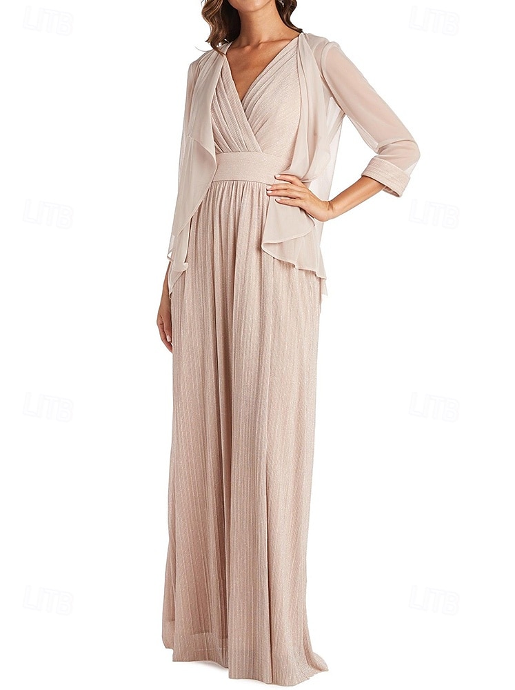 Zweiteilig Glitzer Chiffon A-Linie Kleid der Mutter der Braut Elegant Einfach Minimalistisch V-Ausschnitt Bodenlänglich Ärmellos Halblangärmel mit Jacke 2025 - $148.99 –P6