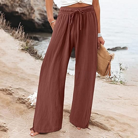 Pantalons chinos larges pour femmes baggy mode de vacances vintage longueur entière taille haute uni poches ceinture élastique confortables doux micro-élastiques formels vacances rue noir vert beige de 2025 ? $22.99 –P2