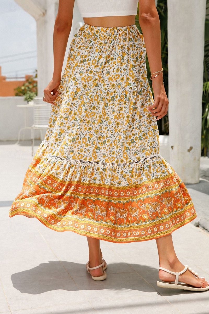 Pentru femei Fustă Boemia Casual Boho Maxi Talie Medie Fuste Floral Imprimeu Micro-elastic Vacanță Stradă Migdală Roșu-aprins Albastru piscină Portocaliu Vară Celofibră 2025 - $21.99 –P14