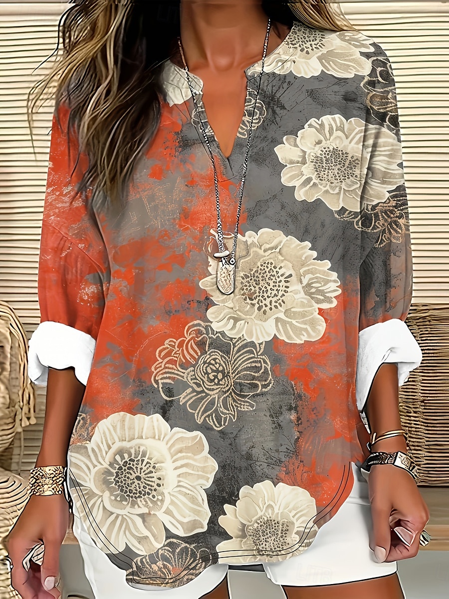 Damenbluse Langarm Tunika Tops Floral Grafik Blatt Vintage Tropisch Hawaiian V-Ausschnitt Reguläre Tops Tägliche Urlaub Strandkleidung Druck Marine Blau Orange Sommer Frühling 2025 - $24.99 –P2