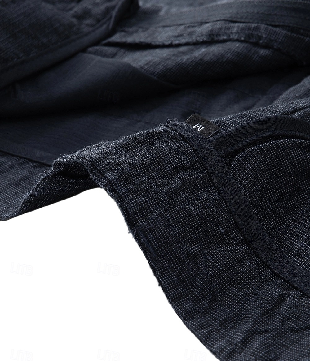 Shorts masculino 100% linho liso na altura do joelho, para escritório, uso diário, férias, estilo étnico, azul escuro, inelástico de 2025 por $44.99 –P8