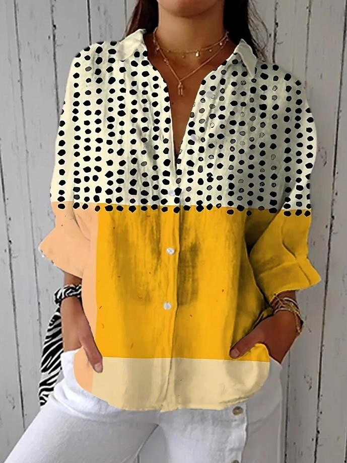 Women's Linen Like Shirt Blouse Graphic Geometric Stylish Modern Casual Long Sleeve Shirt Collar Regular Tops Daily Holiday Going out Patchwork Buttons Print Yellow Royal Blue Light Blue Summer Spring 2025 - $32.99 –P3