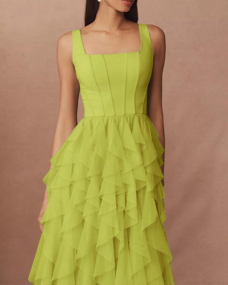 Robe Cocktail Verte A-Line Robe Corset Semi-Formelle Mariage Midi Sans Manches Col Carré Chiffon avec Volants de 2025 ? $148.99 –P2