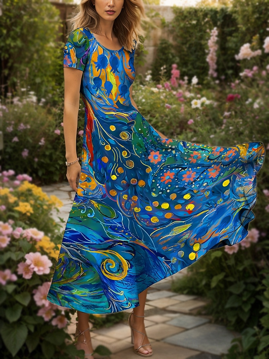 Pentru femei Rochie Maxi Rochie casual Rochie A line Rochie de vară Vacanță Epocă Έθνικ Fit regulat Floral Grafic Geometric Manșon scurt Pătrat Scoateți gâtul Albastru piscină Vară Primăvară 2025 - $31.99 –P1