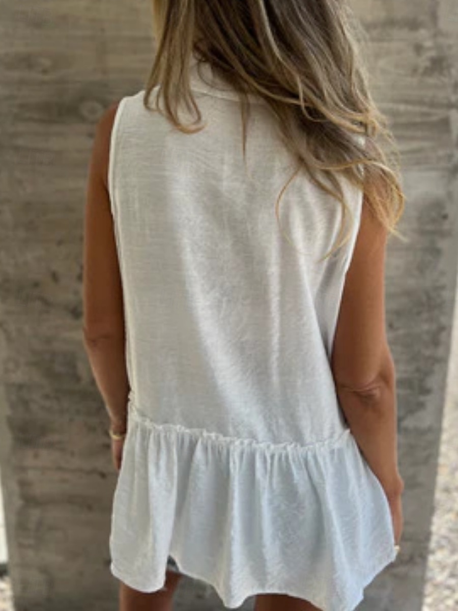Dámská košile jednobarevná stylová příležitostná bez rukávů límec regular tops každodenní lněné volány knoflíky černá bílá světle modrá léto 2025 - $28.99 –P10