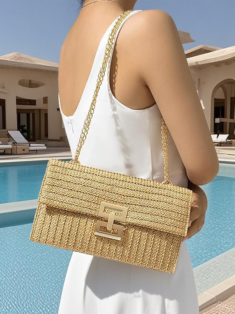 Damen-Umhängetasche aus gewebtem Stroh mit goldenem Kettenriemen – elegante Sommer-Clutch für Strand-, Urlaubs- und Resort-Outfits 2025 - $19.99 –P6