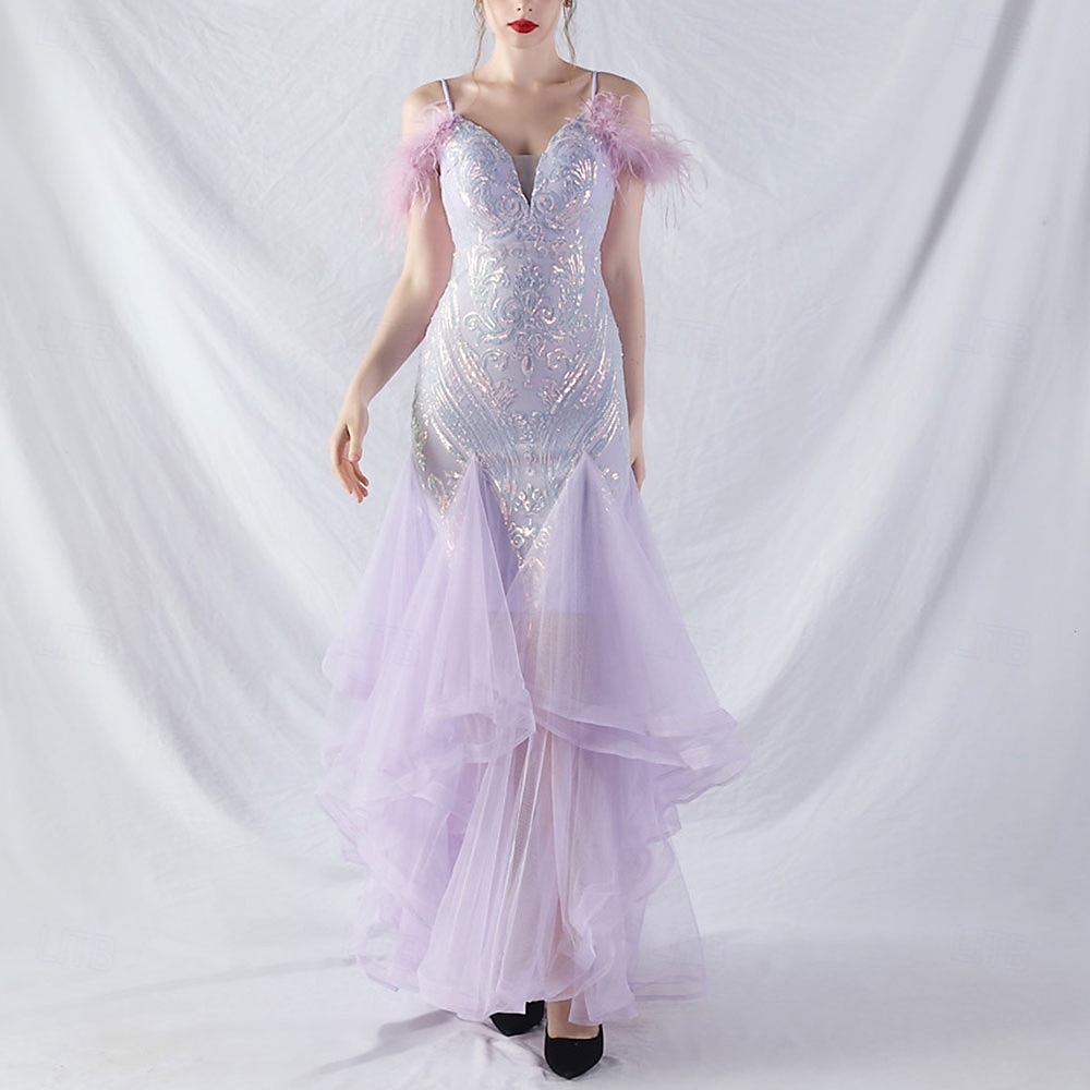 Abiti Quinceanera Mermaidi  Trumpet in Paillettes Elegante Abito Formale Semi Formale Matrimonio Lunghezza P_avimento Senza Maniche Scollo a V Tulle Volant con Piume del 2025 a $139.99 –P12