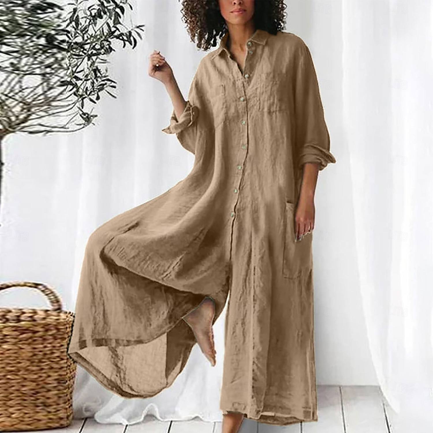 Women's Cotton Linen Jumpsuit Solid Color Active Floral Sleeveless Bootcut Vacation Street Regular Fit Black White Pink Summer 2025 - zł172.99 –P2