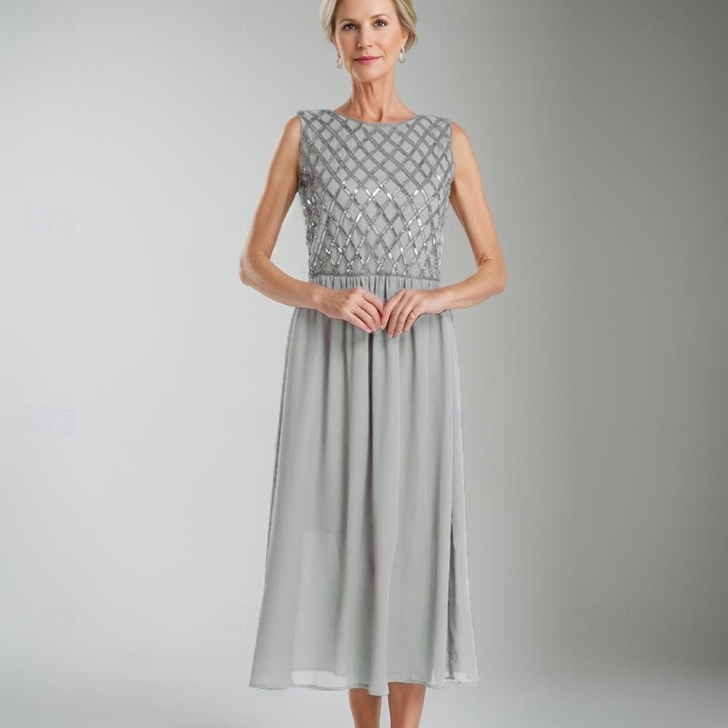 Ligne A Robe de Mère de Mariée  Formel robe demoiselle d honneur Élégant Simple Minimaliste Col ras du cou Longueur thé Chiffon Sans manches avec Paillettes 2025 de 2025 ? $149.99 –P1