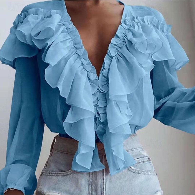 Camicia da Donna Blusa Bottone Colore Solido Fiorita Piana Stile Casual a Maniche Lunghe V Collo Top Regolari Quotidiani Rouches Nero Bianco Rosa Blu Estate Primavera del 2025 a $19.99 –P3