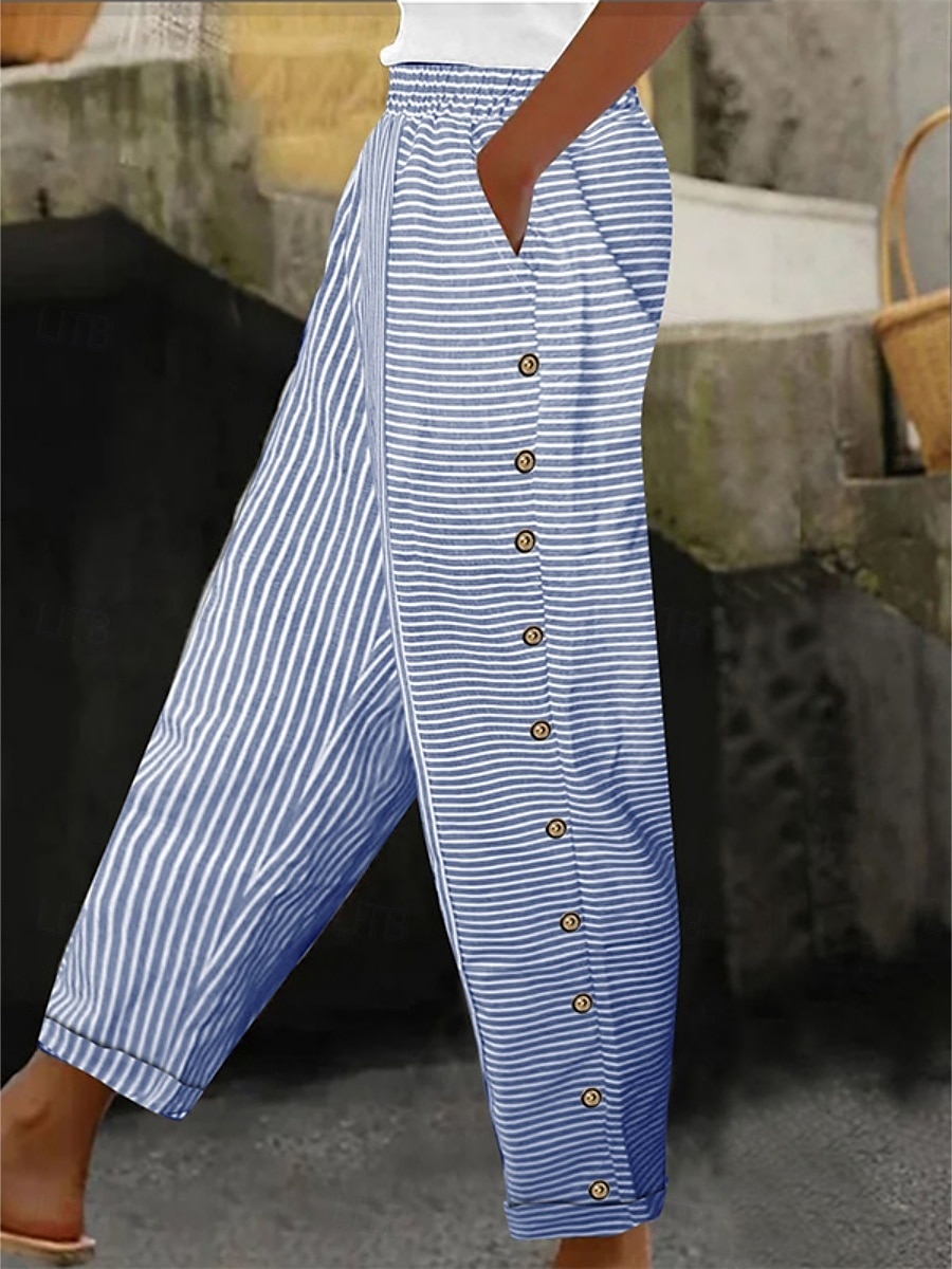 Per donna Pantaloni in cotone e lino Essenziale Casual Lunghezza intera Vita Alta A righe Tasca Elastico in vita Stampato Comodo All'aperto Confortevole Streetwear Abbigliamento quotidiano Uscire del 2025 a $22.99 –P1