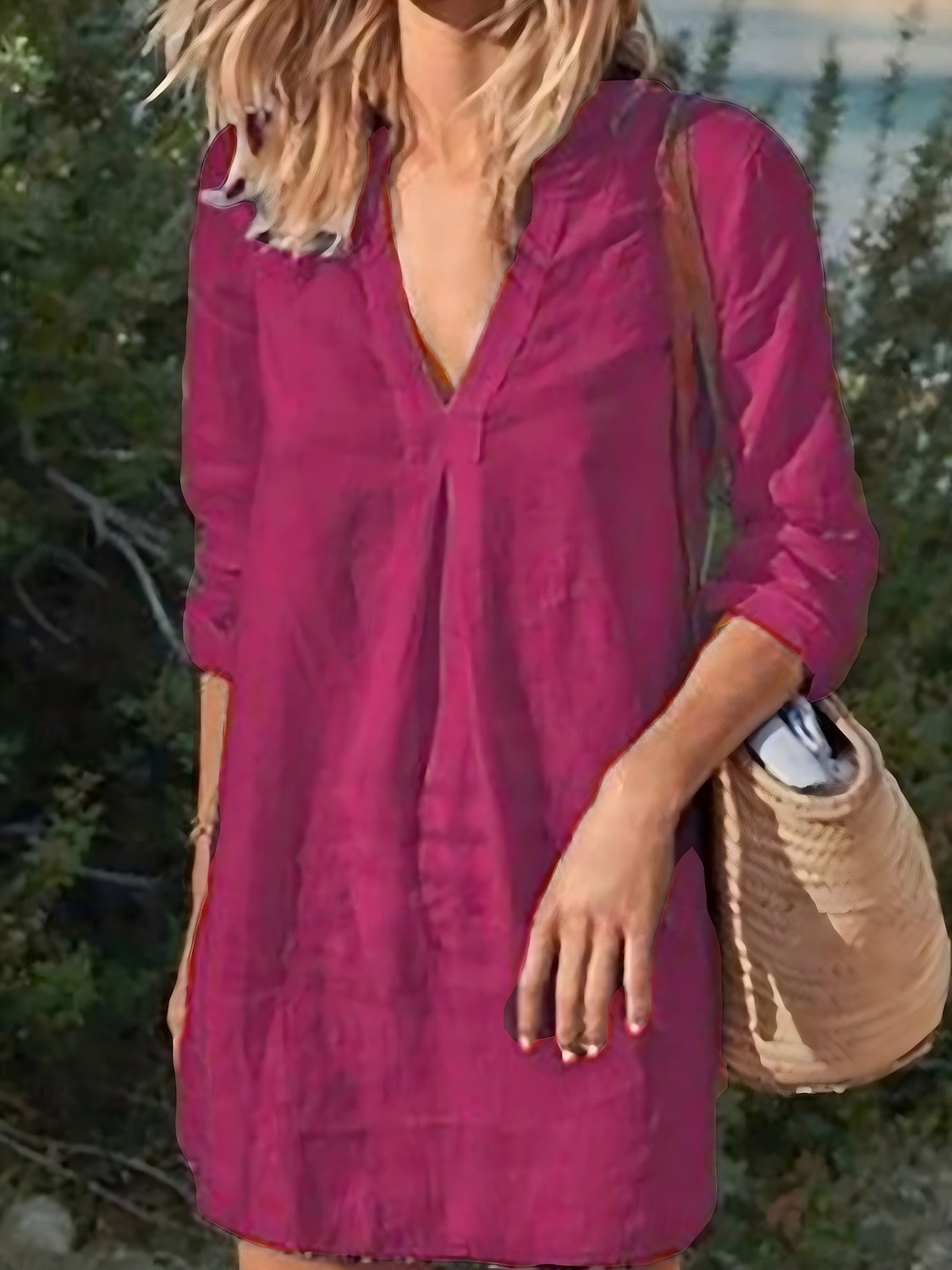 Women's Mini Dress Shift Dress Linen Casual Daily Regular Fit Graphic Long Sleeve V Neck Black White Wine Gray Summer 2025 - $19.99 –P6