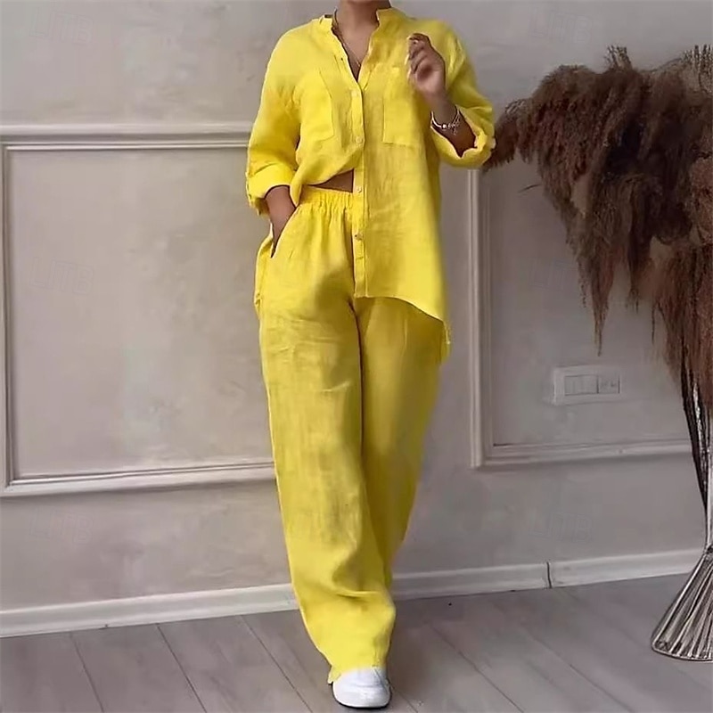 Women's Fashion Streetwear Cotton Linen Sets Two Piece Sets Pants Sets Long Sleeve Stand Collar Plain Daily Wear Date White Yellow Pink Summer Regular Fit 2025 - $36.99 –P5