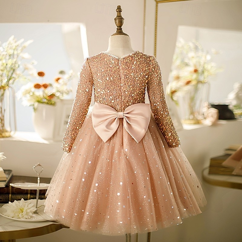 Kinder Mädchen Kleid Partykleid Einfarbig Langarm Leistung Pailletten Netz Prinzessin Süß Netzstoff Knöchellang Etui-Kleid Tüllkleid Sommer Frühling Herbst Kinder Rosa Wein Khaki 2025 - $61.99 –P5