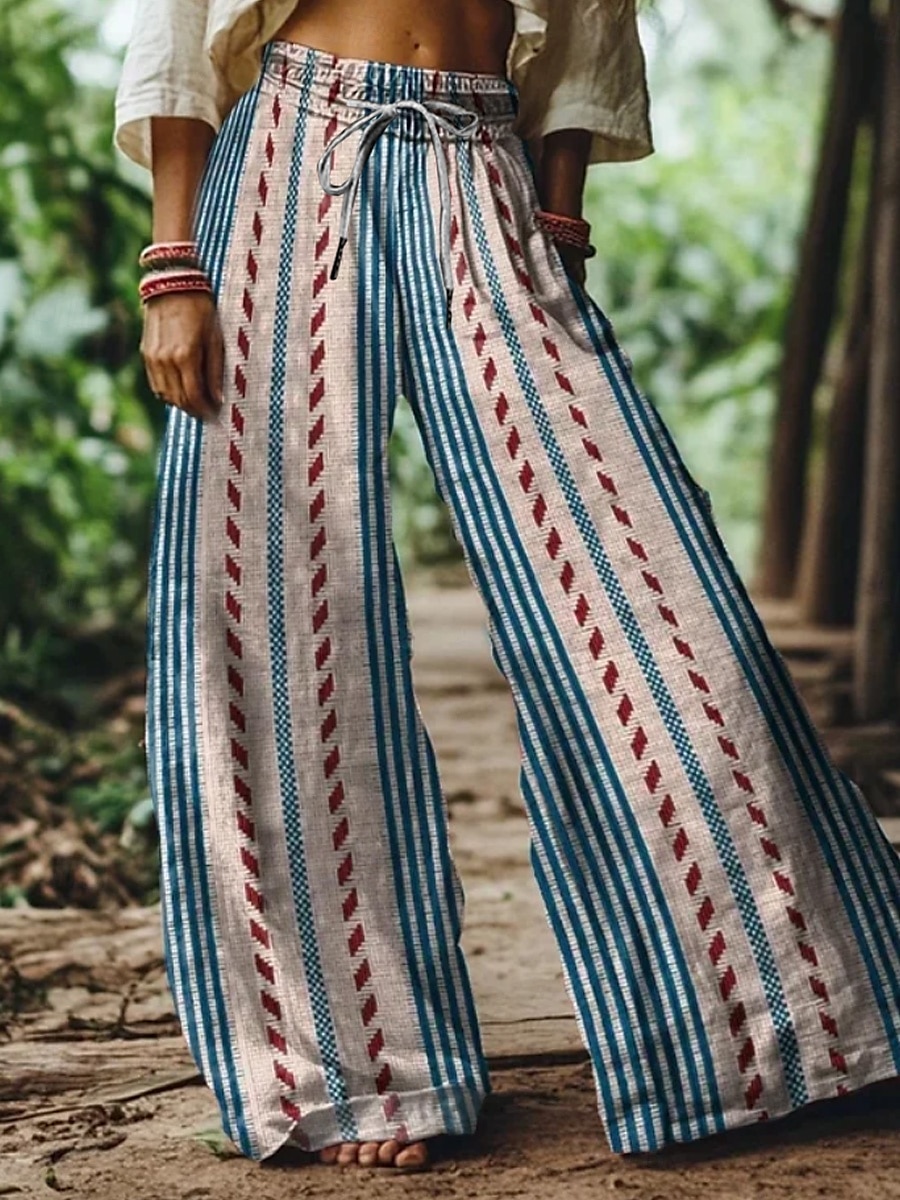 Women's Wide Leg Chinos Baggy Pants Vacation Vintage Ethnic Style Full Length High Waist Floral Graphic Printing Thermal Warm Breathable Soft Micro-elastic Vacation Street Causal Sky Blue And White 2025 - $24.99 –P4