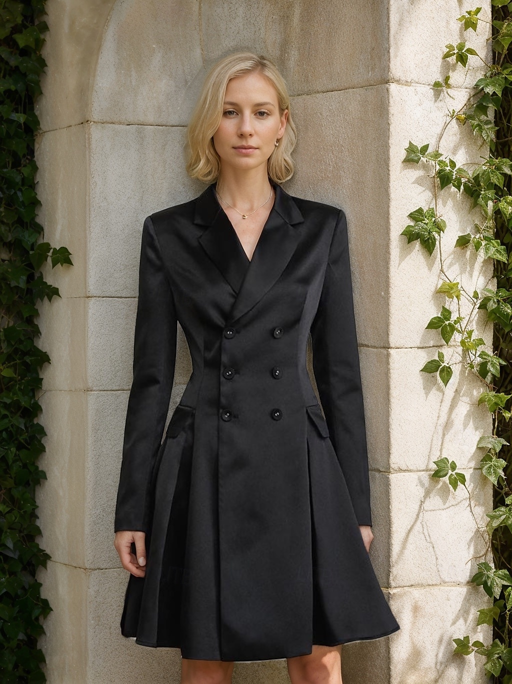 Vestido de la Madre de la Novia A-Line Vestido Tuxedo Vestido de Invitada de Boda Elegante Simple Lujoso Blazer Cuello con Solapas Largo hasta la Rodilla Satén Manga Larga con Pliegues y Bolsillos 2025 - $179.99 –P5