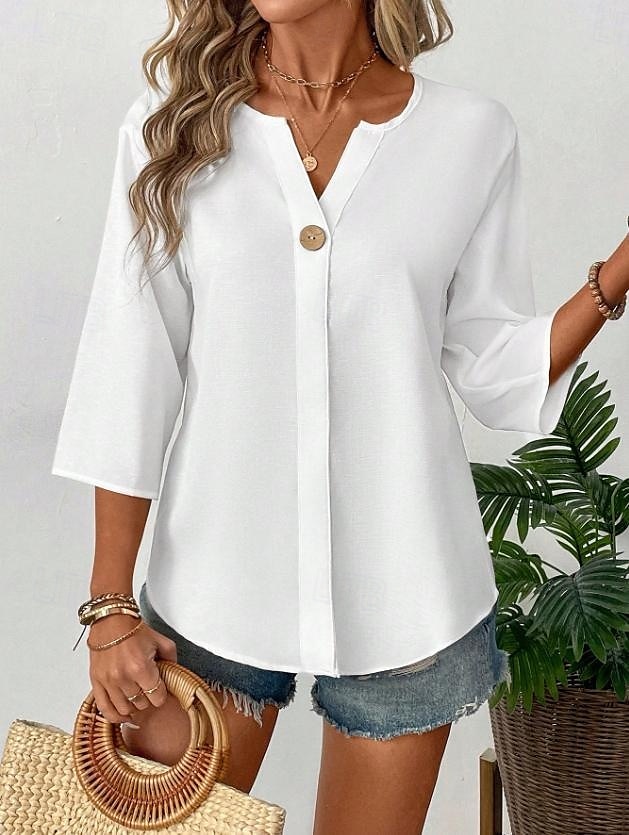 Dame Bluse Helfarge Stilfull Fritid 3/4 ermer V-hals Vanlige topper Daglig Ferie Knapper Svart Hvit Oransje Sommer Vår 2025 - $26.99 –P7