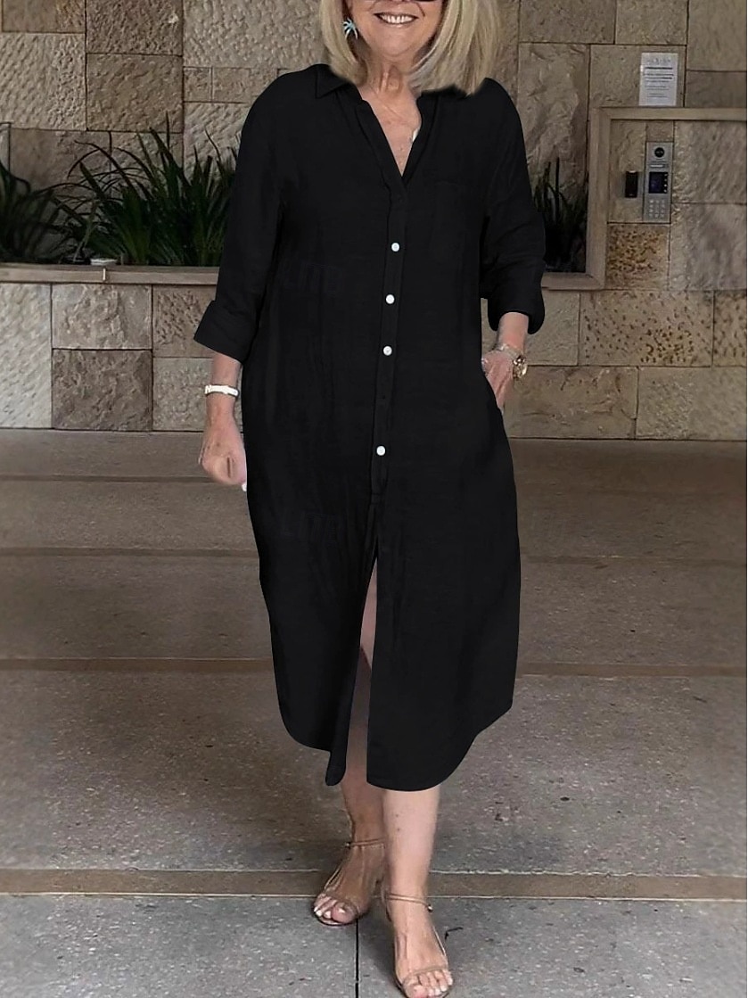 rochie midi pentru femei din bumbac in rochie de soare rochie schimbătoare rochie de vară ocazională vacanță zilnică potrivire obișnuită uni cu mânecă scurtă rever negru alb galben bleumarin vară 2025 - $32.99 –P4
