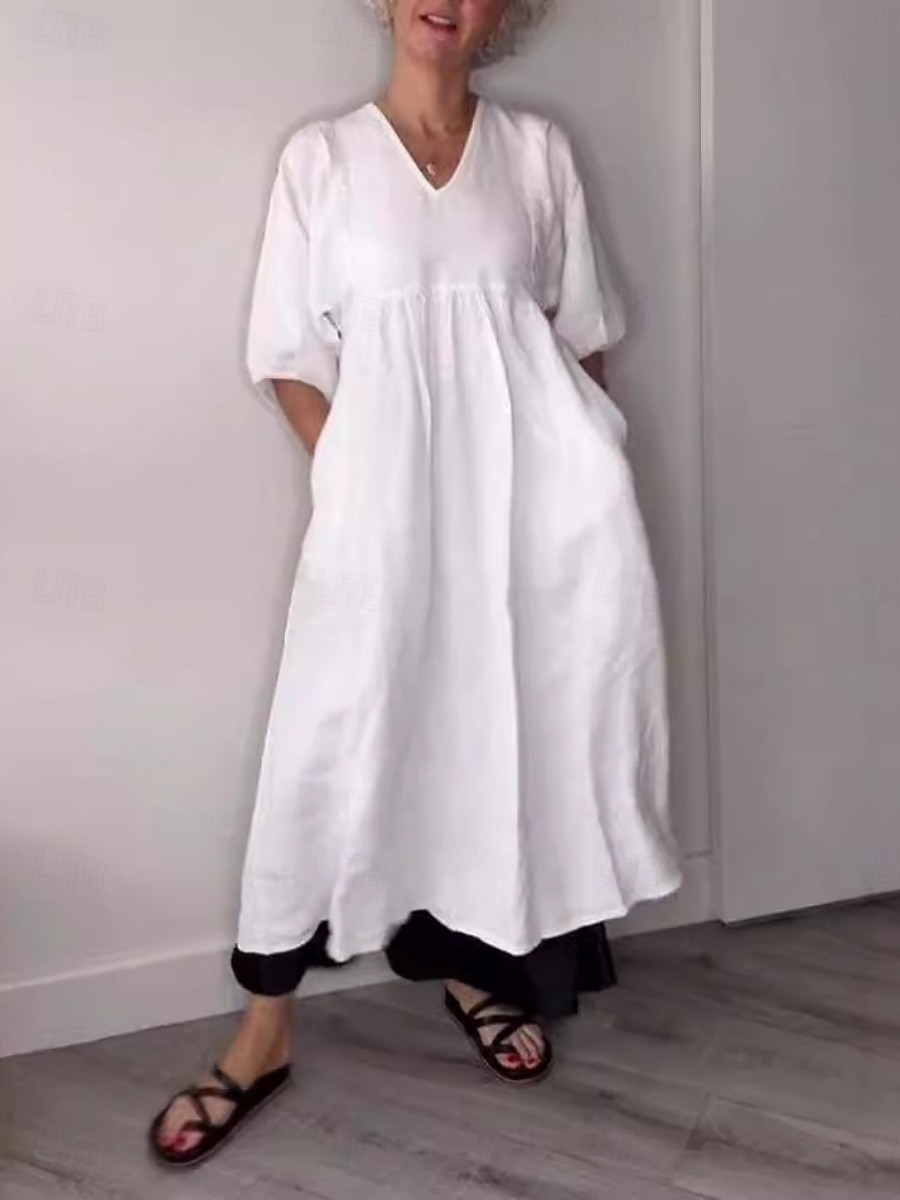 Women's Maxi Dress A Line Dress Linen Summer Dress Casual Daily Regular Fit Graphic 3/4 Length Sleeve V Neck Black White Blue Gray Summer 2025 - $36.99 –P2