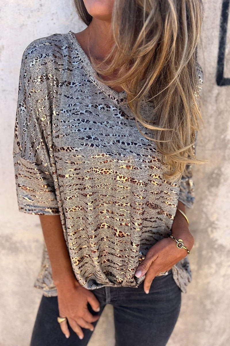 Dámské Halenka Leopard Moderní Poloviční rukáv Do V Běžné topy Denní Dovolená Jdeme ven Tisk Stříbrná Černá Léto 2025 - $19.99 –P7
