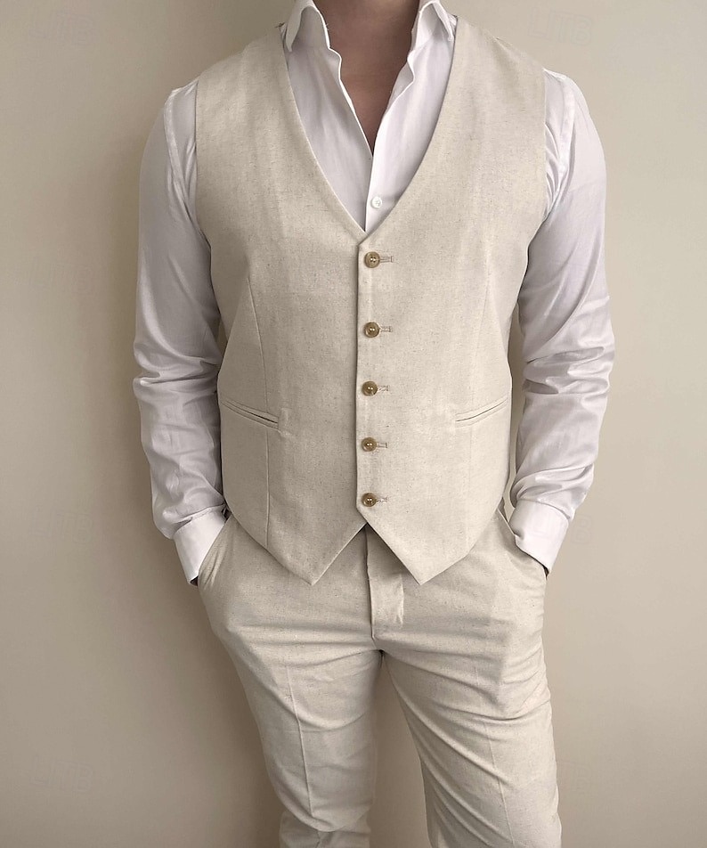 Completi da matrimonio in lino da uomo beige estate a tinta unita sagomati a 2 pezzi del 2025 a $73.99 –P1