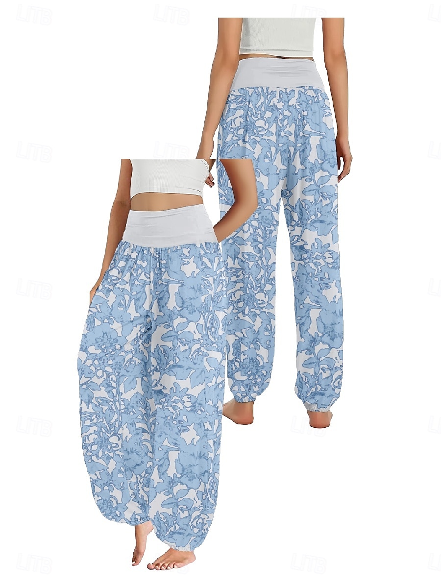 Dam Linneinspirerade byxor Brett skaft Byxor Etnisk Stil Ledigt Boho Fullängd Hög midja Blommig Ficka Elastisk midja Tryck Mateial som andas Mjuk Microelastisk Utomhus Yoga Rosa Kungsblå Blå Purpur 2025 - $20.99 –P6