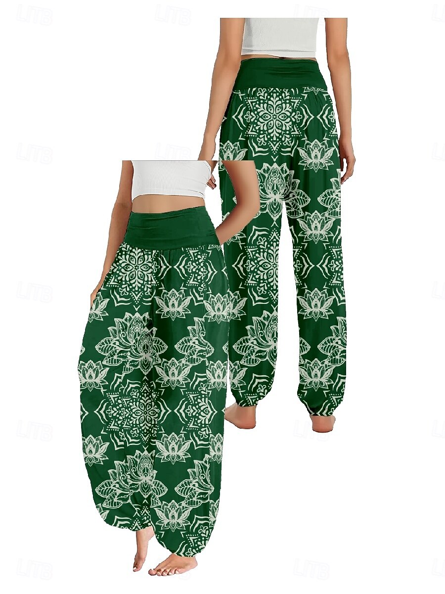 Dam Linneinspirerade byxor Brett skaft Byxor Etnisk Stil Ledigt Boho Fullängd Hög midja Blommig Paisley Ficka Elastisk midja Tryck Mateial som andas Mjuk Microelastisk Utomhus Yoga Röd Blå Mörkgrön 2025 - $21.99 –P6