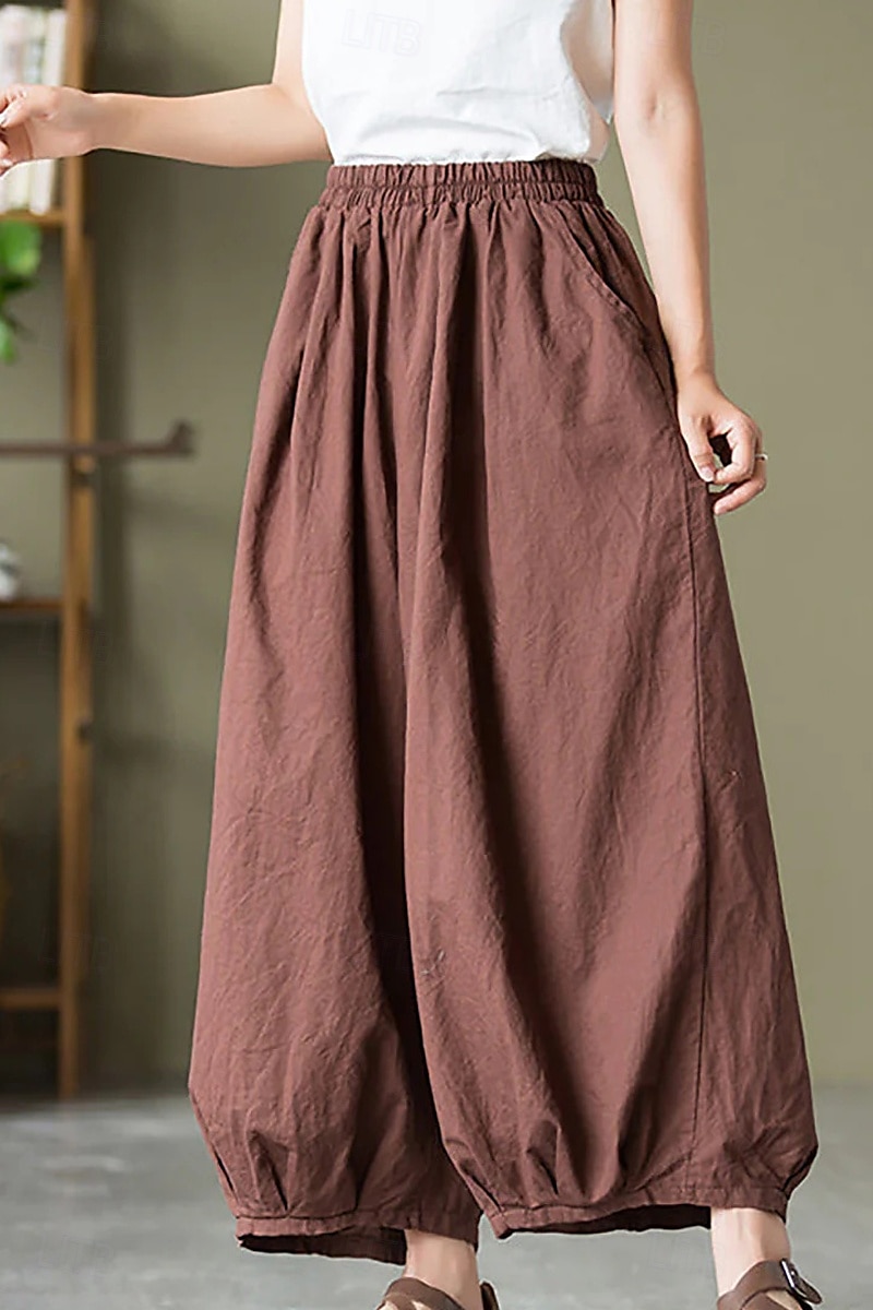 Per donna Pantaloni in cotone e lino Culotte Moda Streetwear Lunghezza intera Naturale Semplice Tasca Elastico in vita Comodo All'aperto Confortevole Vacanza Weekend Marrone rossastro Nero Verde del 2025 a $32.99 –P1