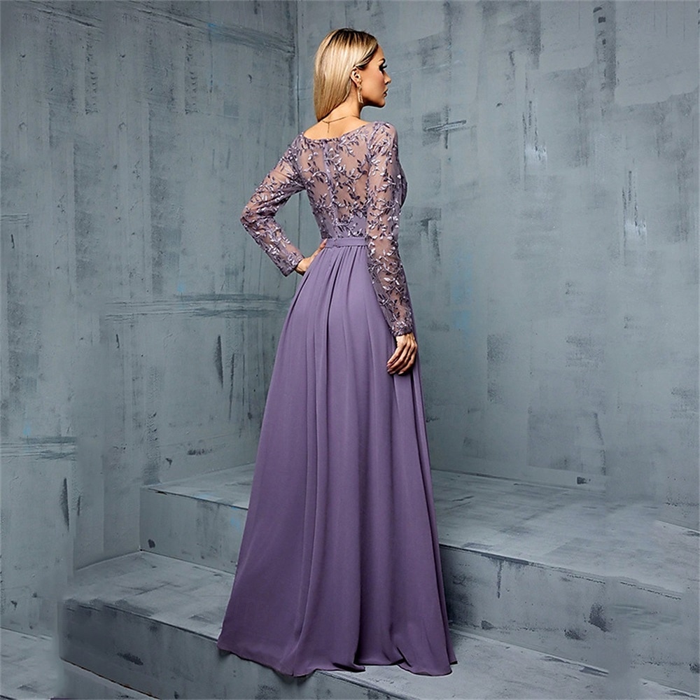 A-Lijn Quinceanera Jurken Elegante Jurk Bruiloft Bruiloft Gast Vloerlengte Lange Mouw V-hals Chiffon met Plissé 2025 - $99.99 –P7